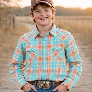 Ariat Kids Edan Blue Plaid Western Snap Long Sleeve Shirt Youth XL 14 NWT